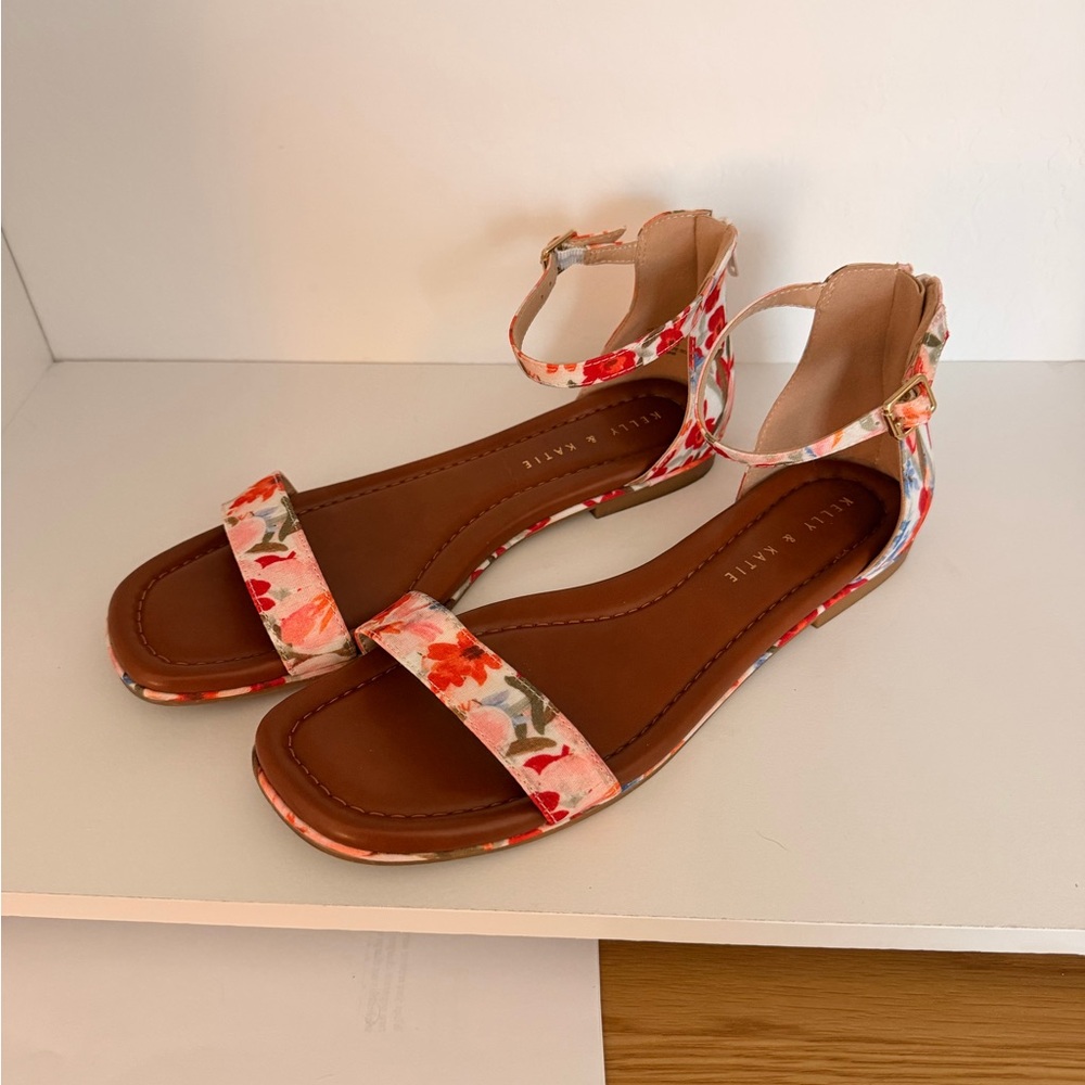 Kelly & Katie Floral Red Pink Ankle-Strap Sandals